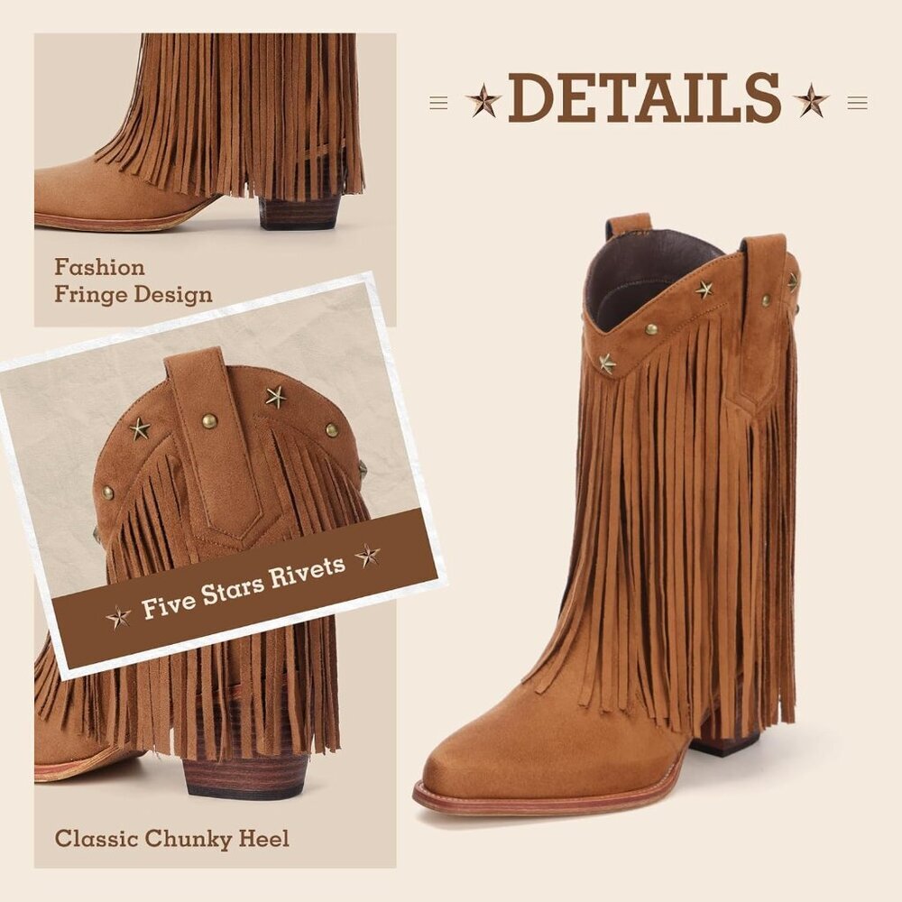 Women's Brown Suede Mid Calf Cowgirl Boots With Star Studded Pointed Toe - Picture 4 of 6